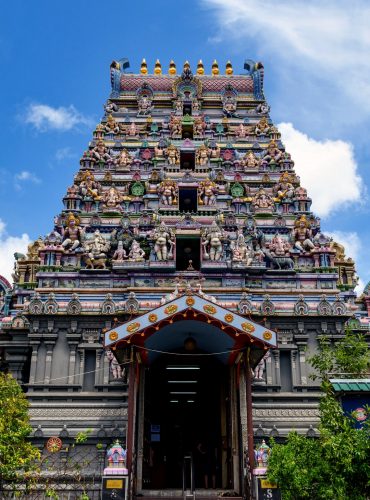 Low angle view of a beautiful Hindu temple in Victoria, Seychelles.